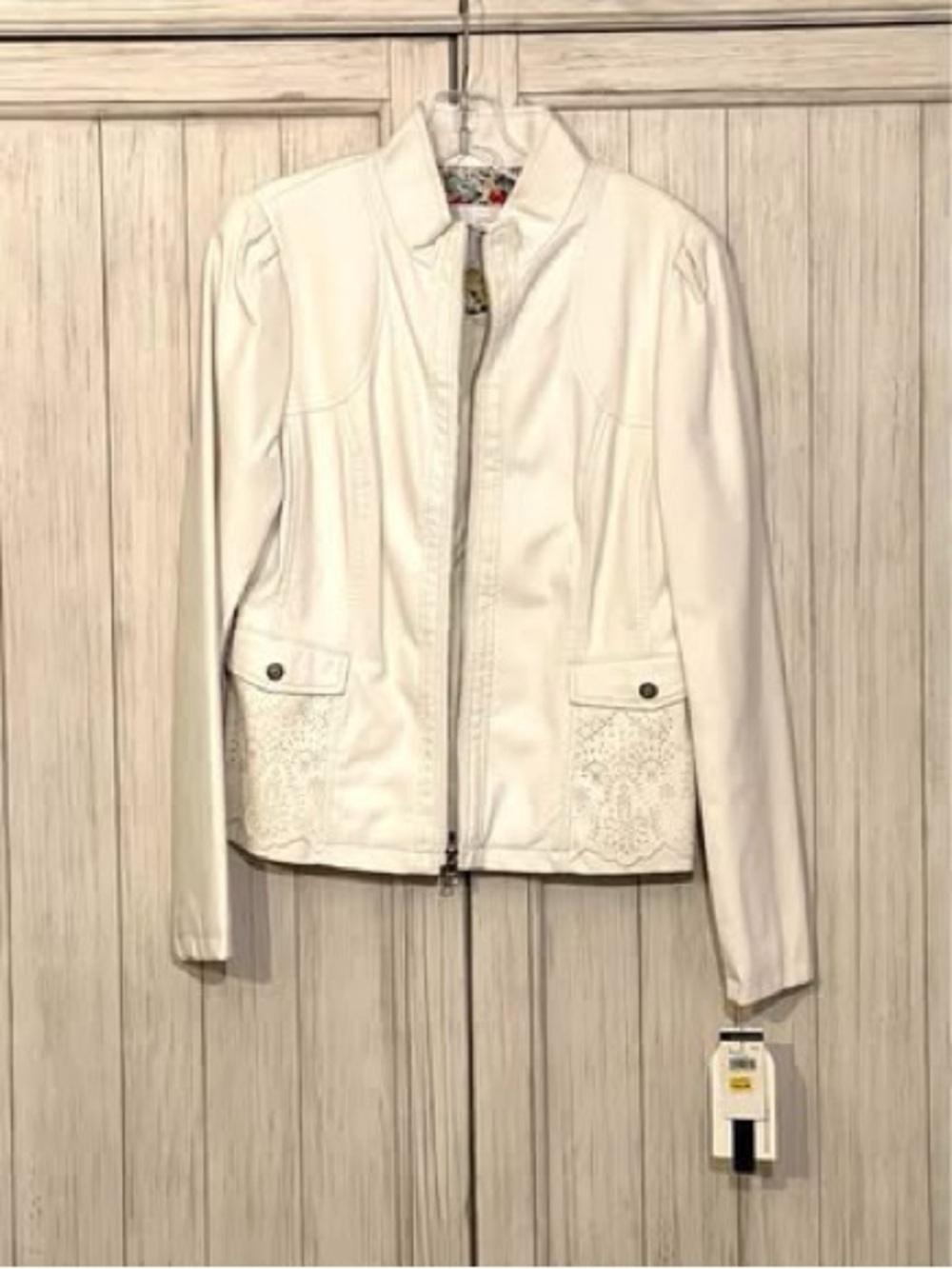 Jessica Simpson White Zip Front Lace-Trim Leather Jacket